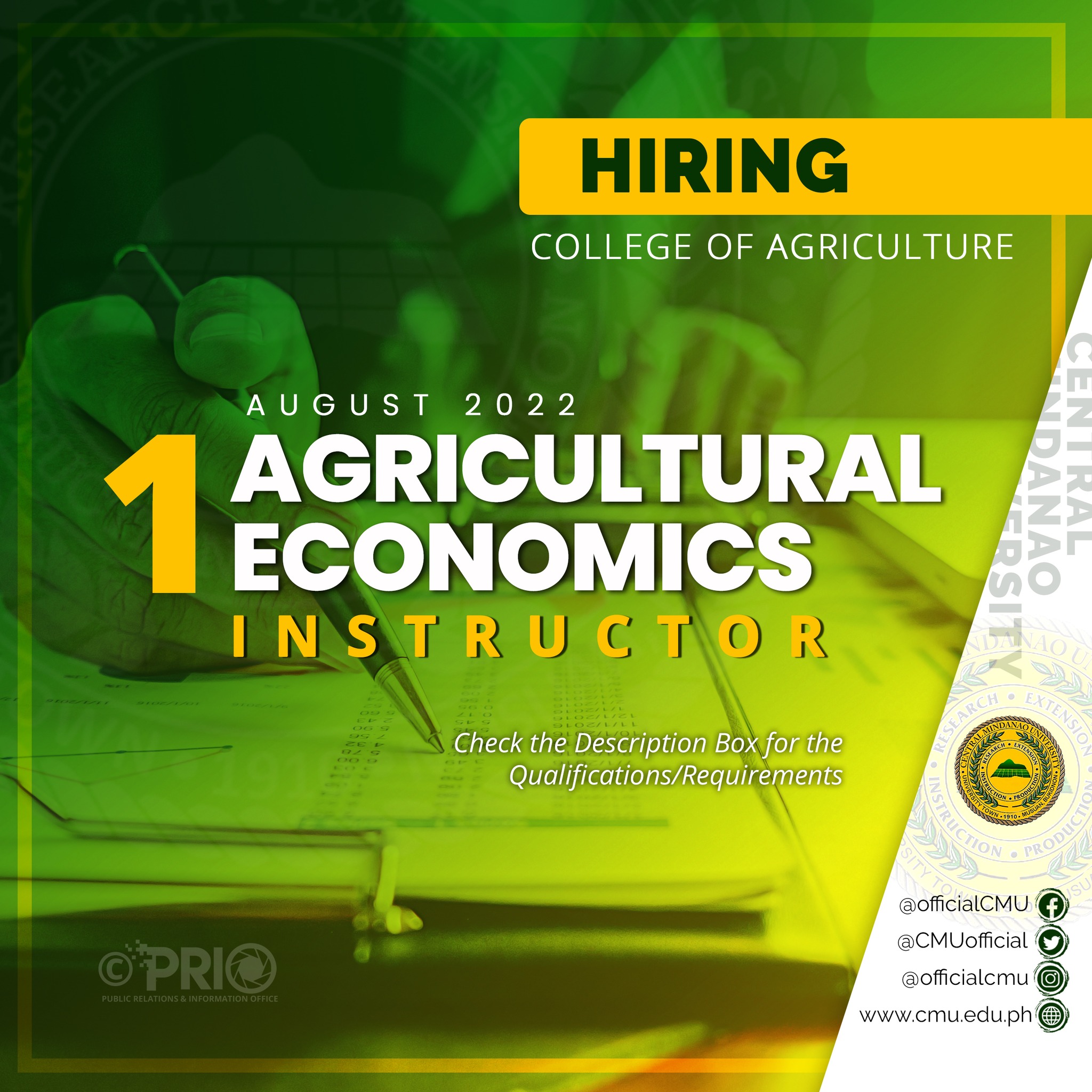 Hiring The Department Of Agricultural Economics Needs One 1 Faculty For 1st Semester Sy 2022
