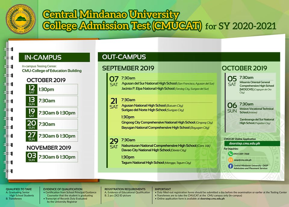 LOOK: IN and OUT CAMPUS CMUCAT schedule for S.Y. 2020-2021 | Central