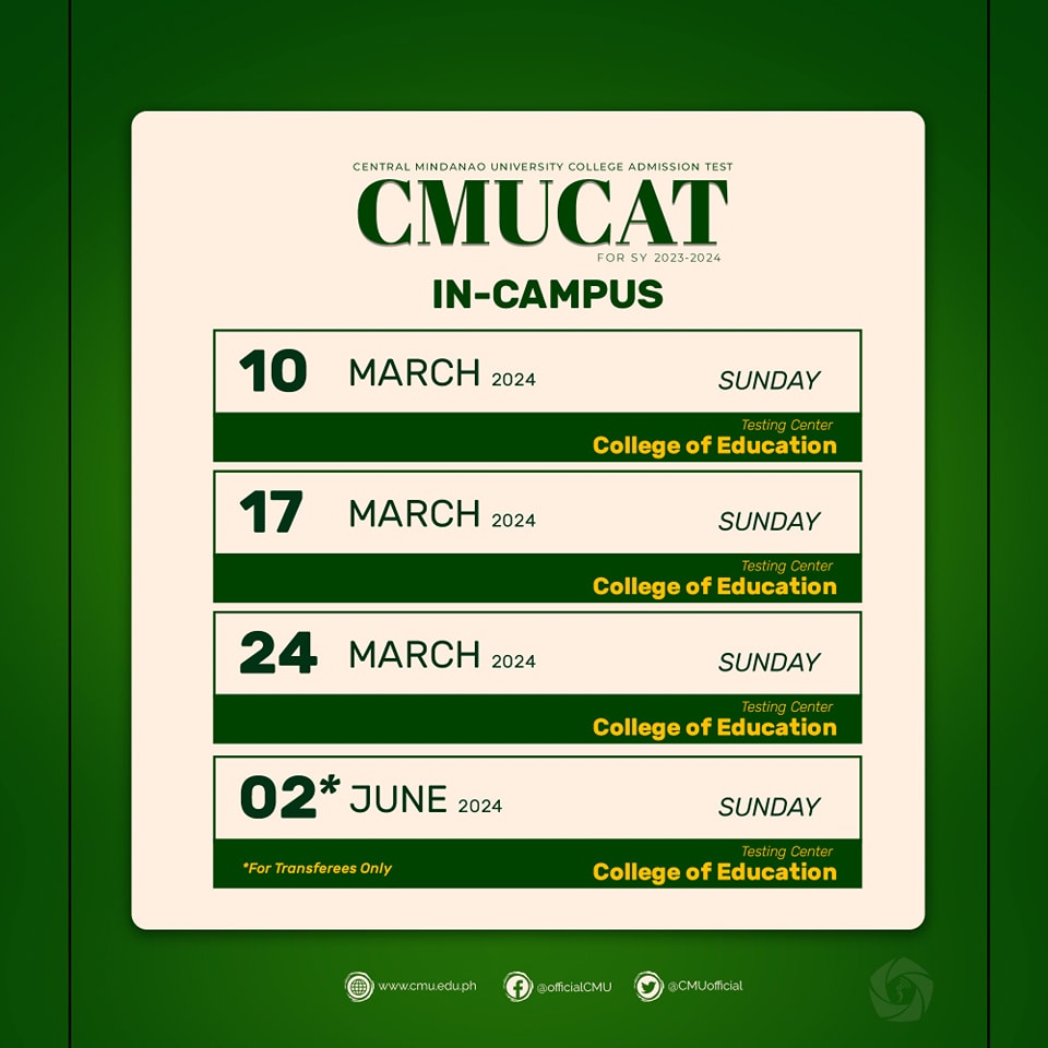 Central Mindanao University College Admission Test (CMUCAT) Schedule